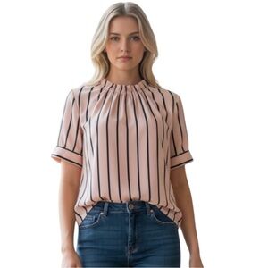 ADRIANNA PAPELL Blouse, Ruffled Neckline, Puffed Sleeves, Cream/ Black, Large